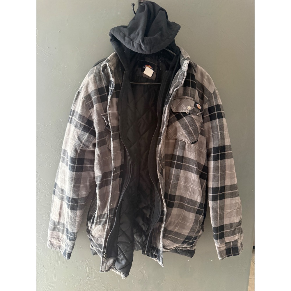 Dickies Mens Gray Black Plaid Quilted Lined Hooded Flannel Shirt Jacket Size M